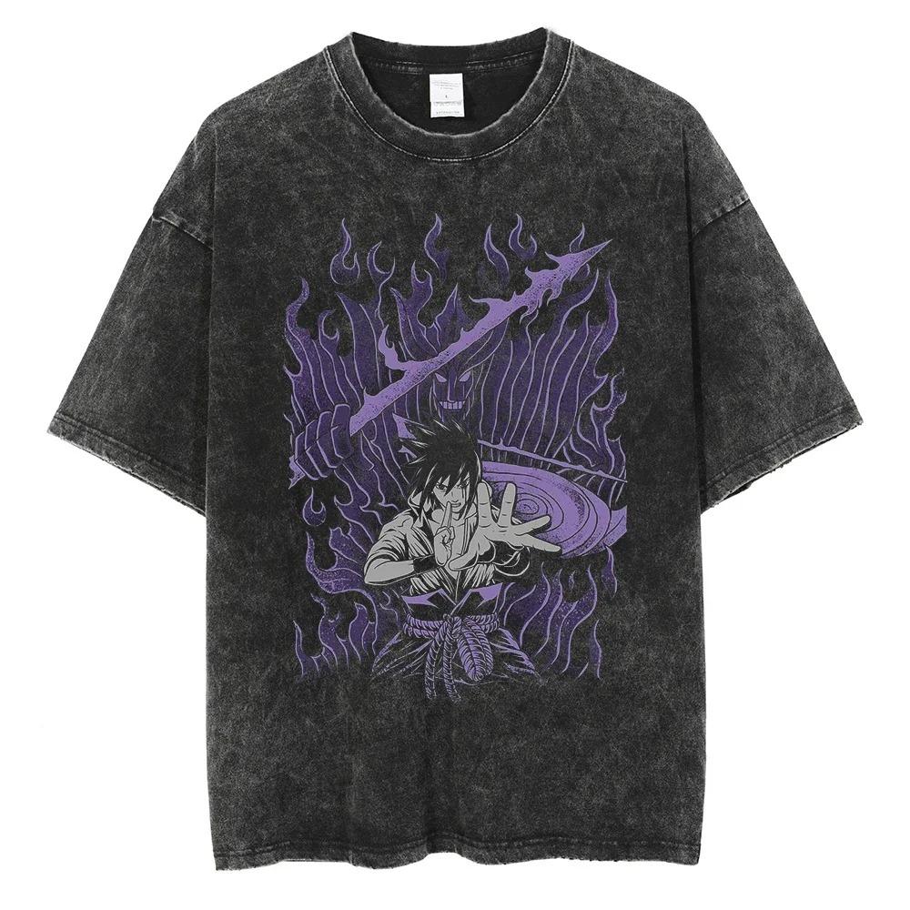 Летняя футболка с коротким рукавом из хлопка для мужчин и женщин Streetwear Винтажная черная стираная футболка Harajuku Аниме Наруто Принт Футболка Свободные Топы Футболки