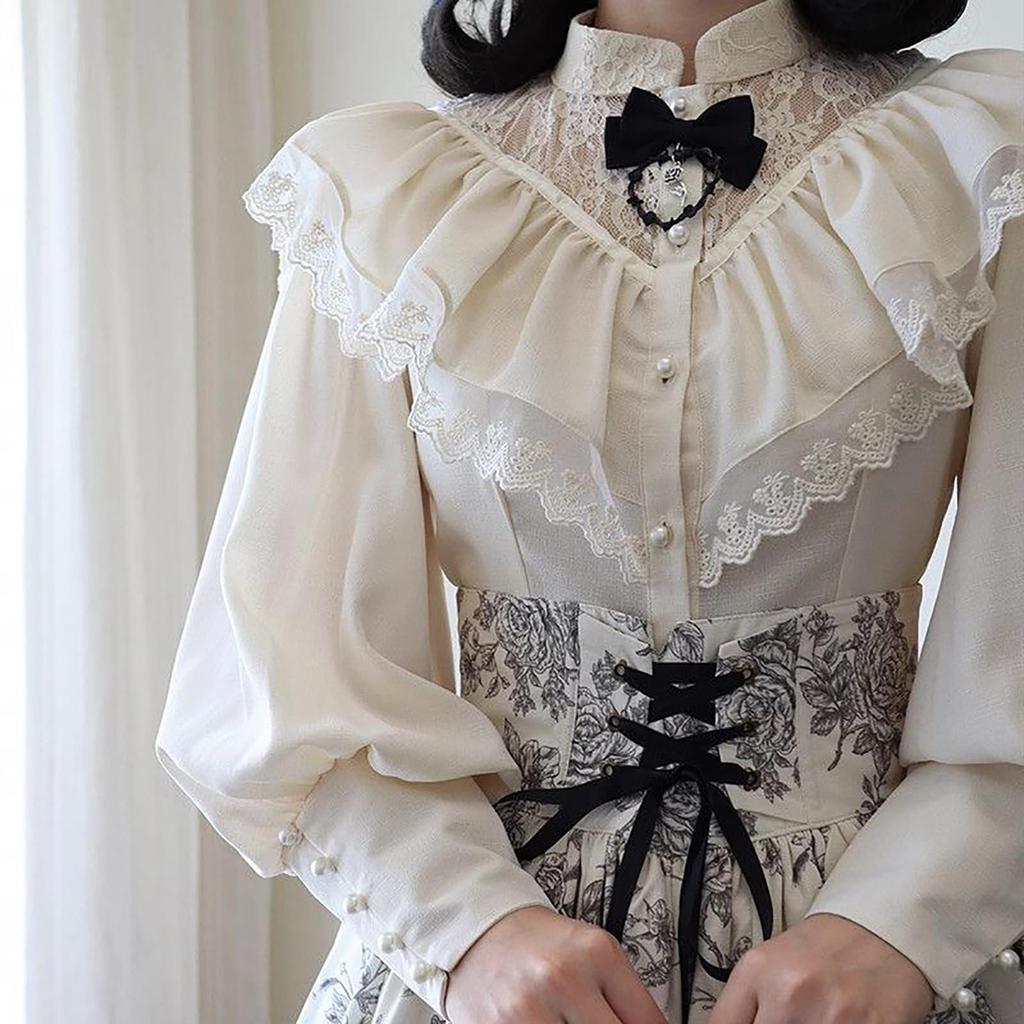 LAVASEON Long Sleeve Retro Perfect for Cute Lace and Balloon Office Princess Mori Girl No Bow Women's Blouse, Commuting, Ruffles, Stand-Up Collar,
