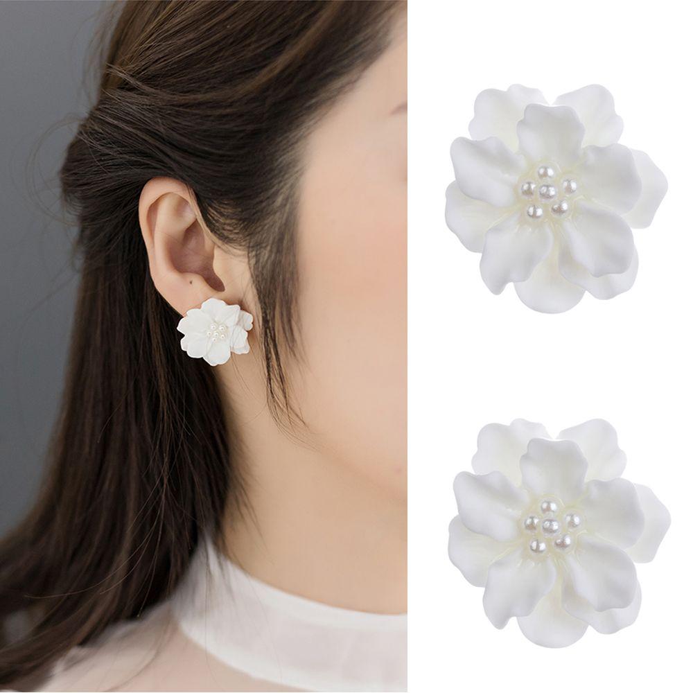 Fashion Inlay Beads Women Girl Simulated Pearl Stud Earrings Camellia Big White Flower