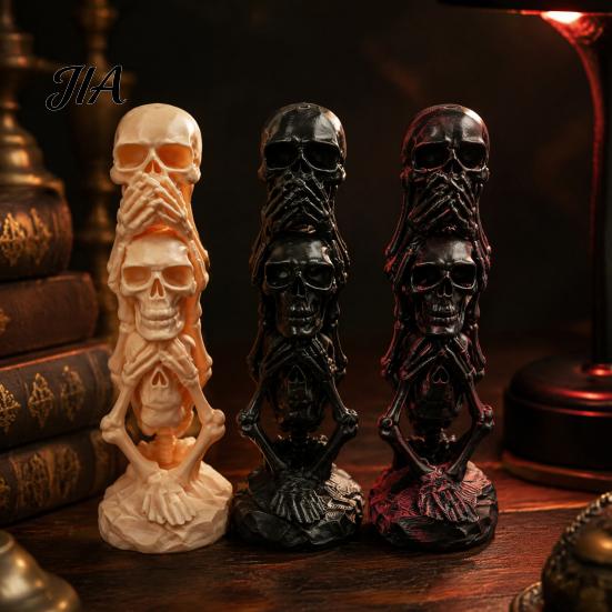 Desktop Decorations 3D Printed Triple Skull Statue, Halloween Horror Hear No Evil See Spooky Table Ornaments Speak Figurine, Creative Desk Decor
