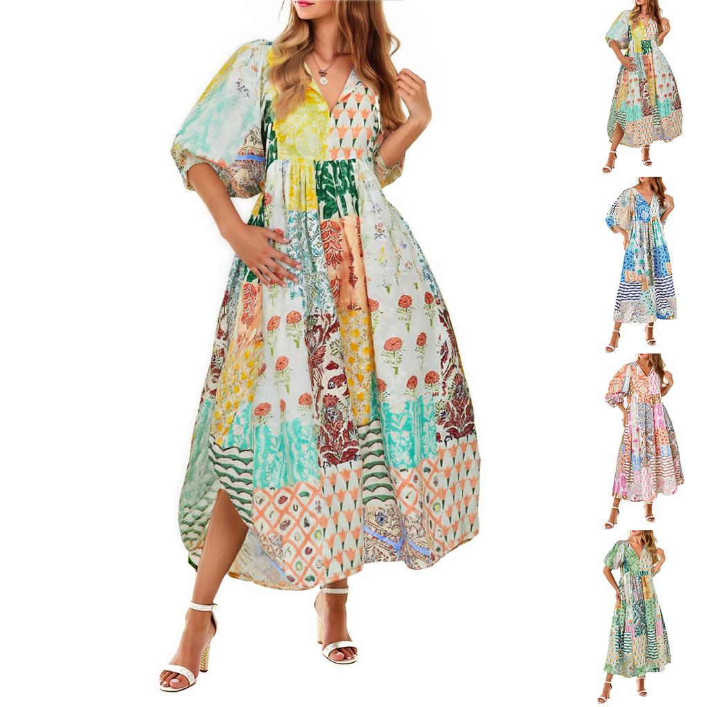Women's Summer Floral Print Loose Sundress Half Sleeve Beach Flowing Bohemian Maxi Dress