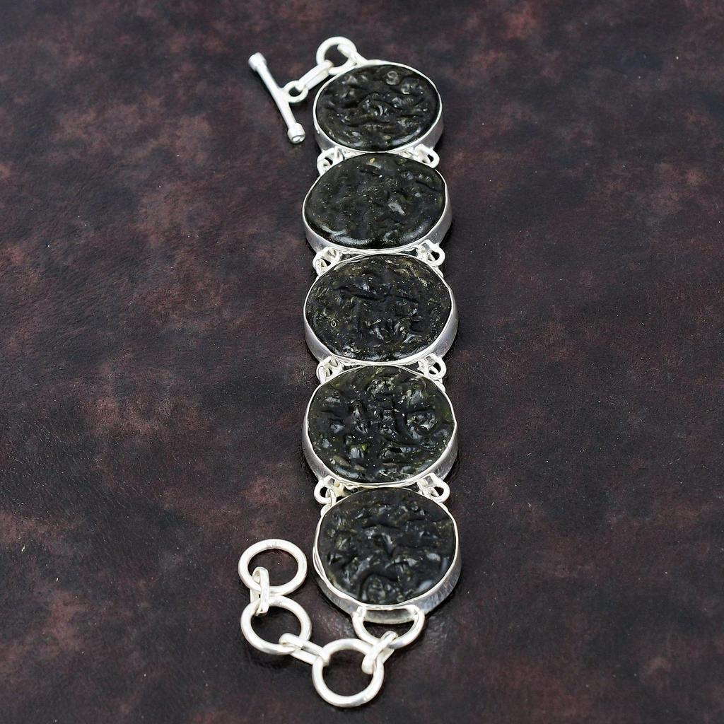 Молдавитовый браслет Ювелирные изделия из драгоценных камней Браслет из стерлингового серебра 925 пробы Браслет ручной работы Регулируемый браслет-цепочка Подарок для него Ювелирные изделия из камня по рождению