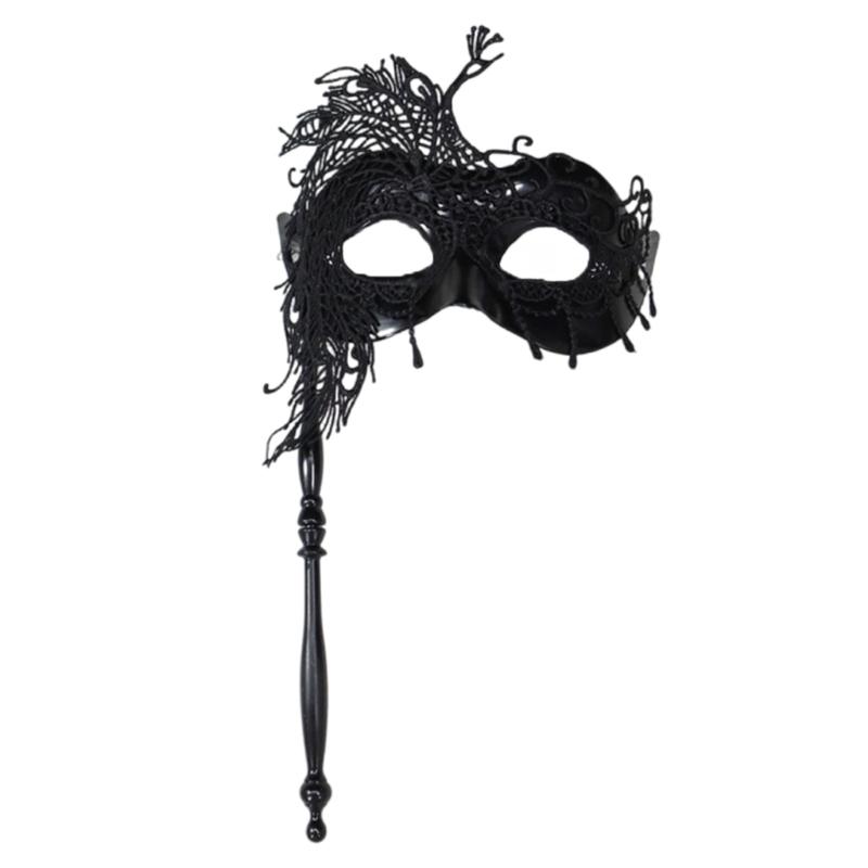 Sophisticated Handheld Parties Mask For Masquerades Event Feathered Lace Design Lightweight Build Comfortable Grip