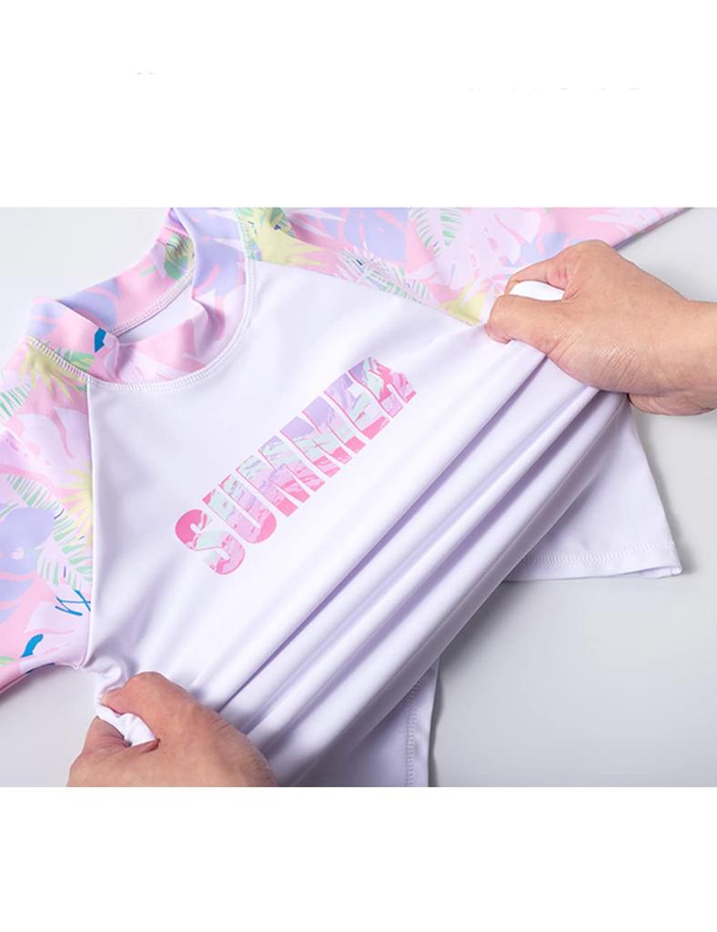 AILAYRI Kids' Swimsuit, Girls' Two-Piece Rash Guard Set, Long Sleeves and Shorts, UV Protection, Quick-Drying, for Pool Use (2XL, Pink)