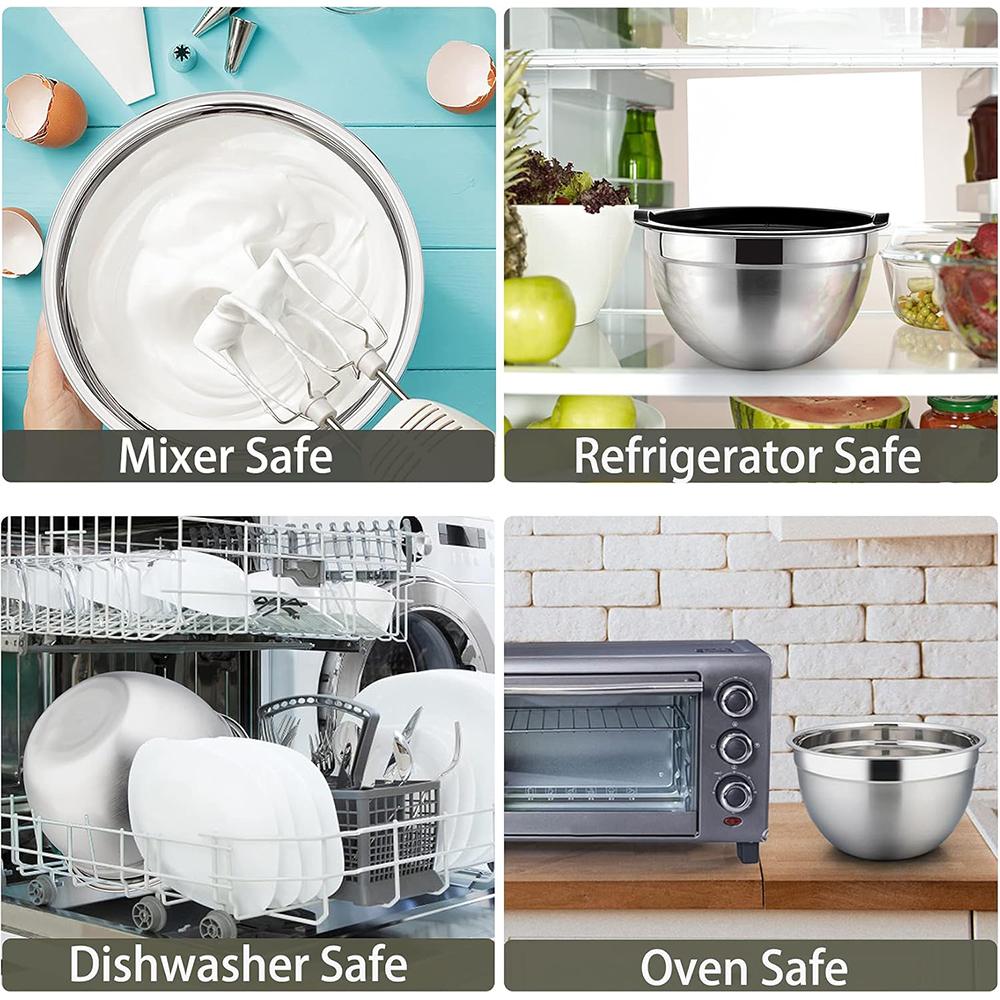 LMETJMA 6 шт. миски для смешивания из нержавеющей стали с черными крышками, кухонная вложенная миска для смешивания салата с нескользящим силиконовым дном JT327