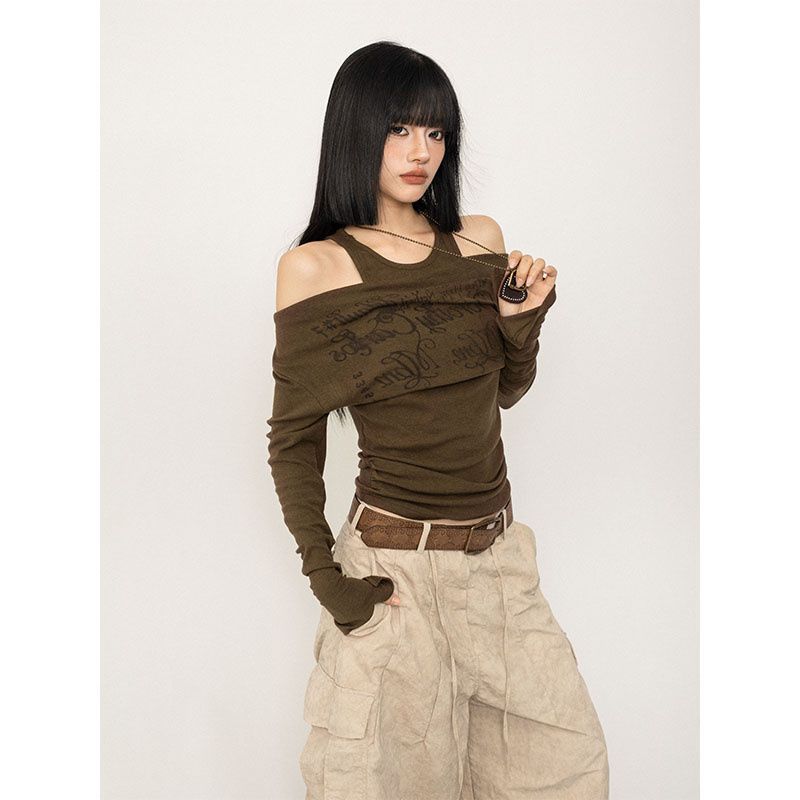 Американские винтажные топы с принтом, женские однотонные футболки Y2k с открытыми плечами и длинными рукавами, женские, с защипнутой талией, для похудения, поддельные два топа