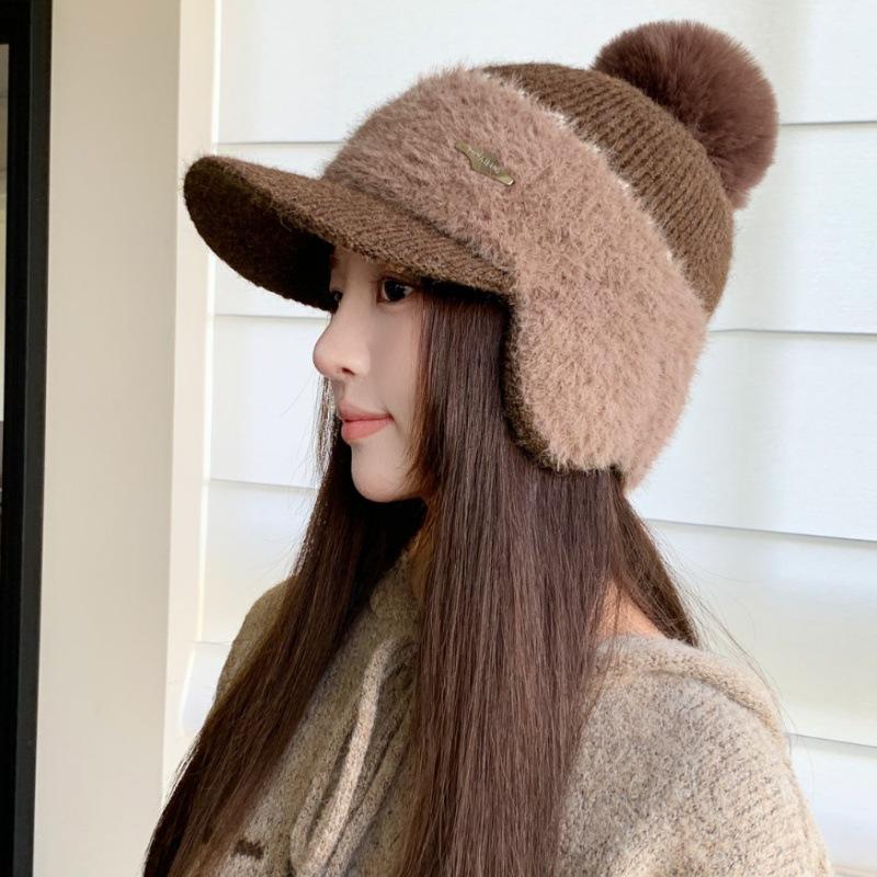 Autumn and winter thickened ear bag rabbit fur baseball bag head hat women's versatile casual ear protection fleece knitted cap