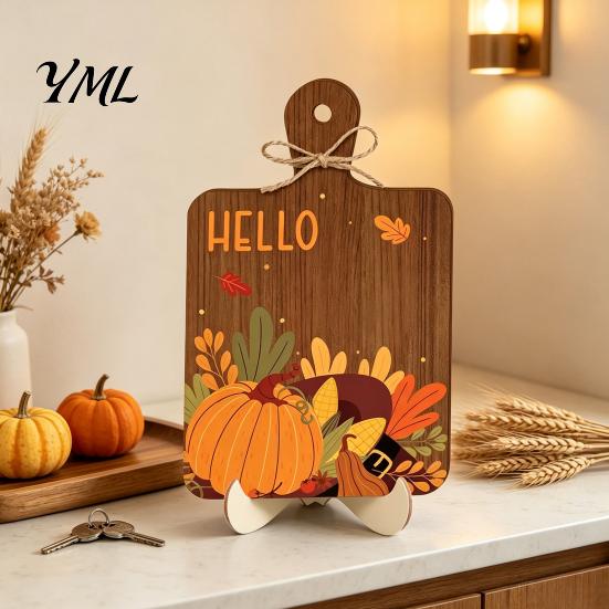 Rustic Fall Wooden Ornaments Hello Sign, Cutting Board Shape Autumn Harvest Tabletop Ornament with Indoor Party Decor Hanging Rope & Stand, Farmhouse