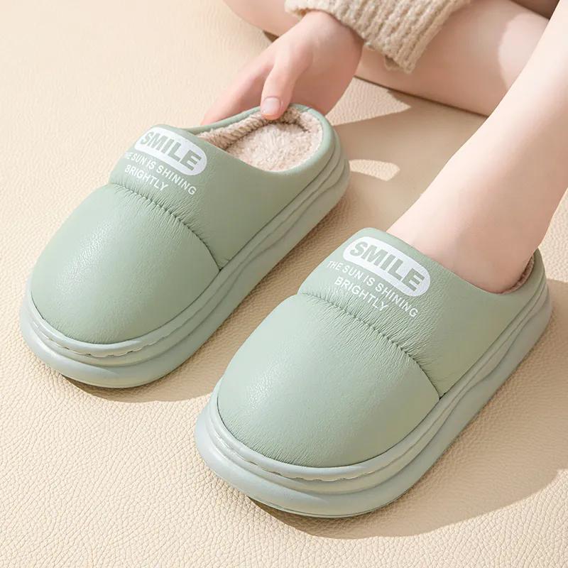 WTEMPO Тапочки из искусственной кожи с закрытым носком, осенне-зимние, хлопковые, для пар, ПУ, толстый плоский каблук, домашние, плюшевые, теплые тапочки