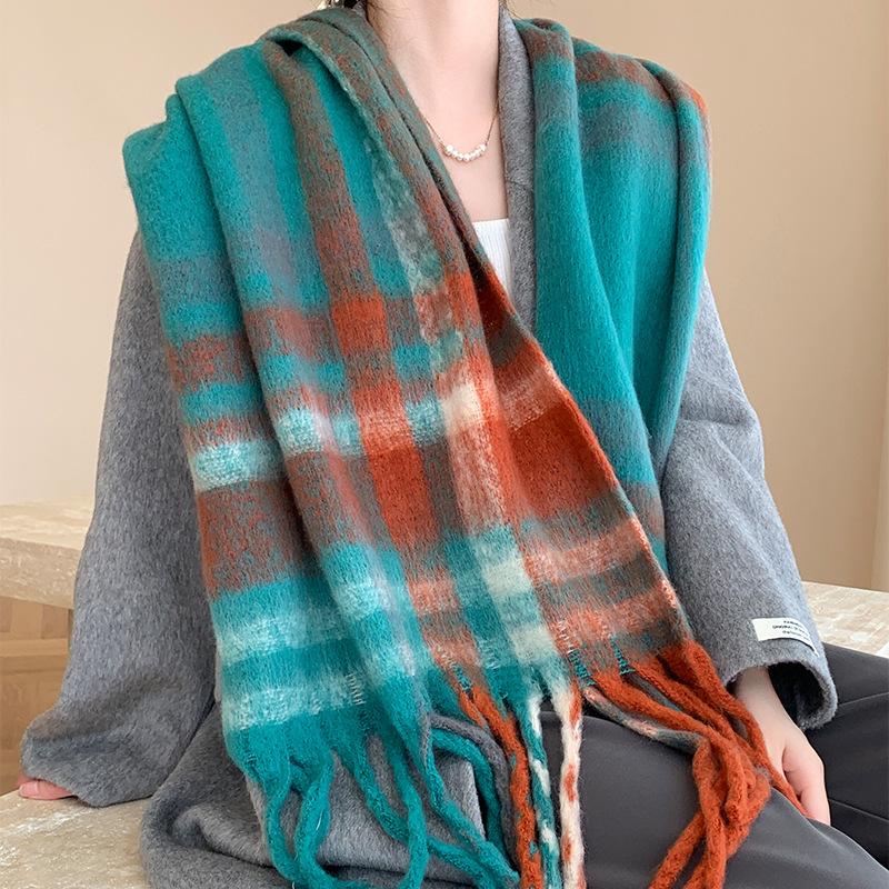 Winter New Scarf Women's Winter Thickened Warm Scarf Colored Plaid Fringed Scarf Shawl Fashionable Outer Cover