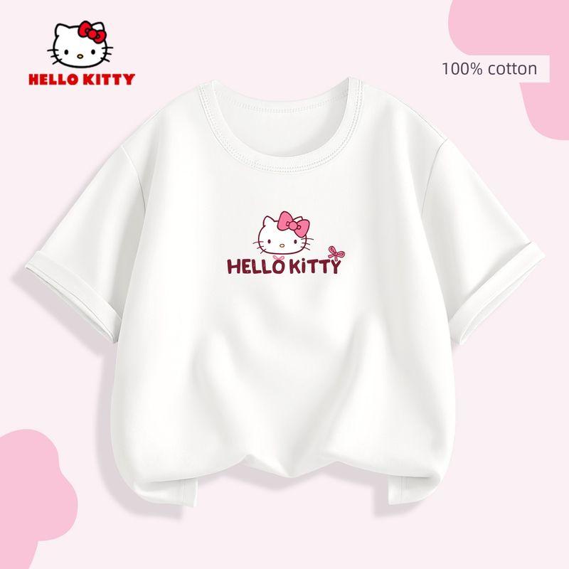 Hello Kitty Girls' White T-Shirt Children's Short-Sleeved Summer Wear Pure Cotton Simple Solid Color Top Breathable and Sweat-Absorbent Trendy