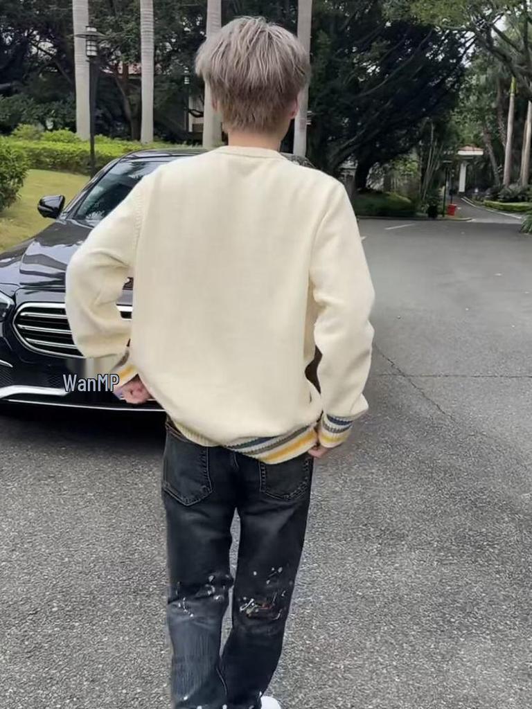 Роскошный вязаный свитер с радужным логотипом, Осень/Зима 2025, Унисекс, Свободный, Повседневный, С круглым вырезом