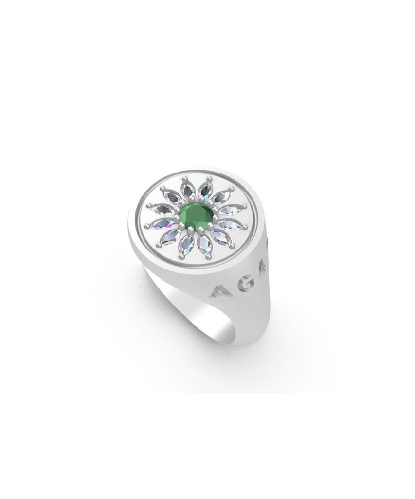 Ag47 B.W.P-Ring-18 Green Daisy Cubic Silver