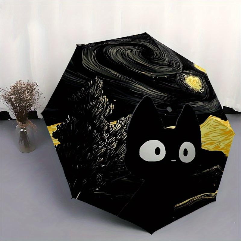 1pc Starry Night Cat Automatic Folding Exquisite Umbrella Portable Collapsible Design, 8-Rib Iron Frame, Durable Fabric,27168