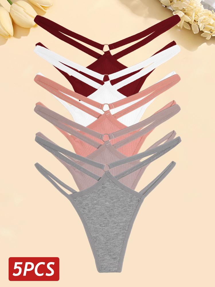 FINETOO 5 шт./компл. женские хлопковые трусики сексуальные ажурные стринги женское дышащее нижнее белье металлические кольца стринги нижнее белье эластичное с низкой посадкой
