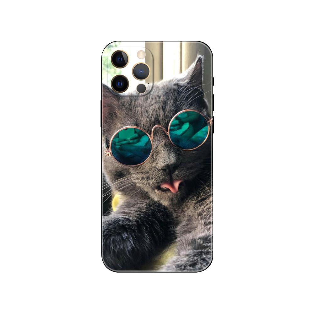 Крутой чехол для телефона с очками Cat для iPhone 5 5S 2020se 6 6s 7 8 plus x 10 XR XS 11 12 13 mini pro MAX, черная задняя крышка из ТПУ