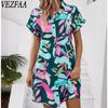 Women's Fashion Summer Spring Colour Block Print Short Sleeve POLO Neck Loose Waistline Casual Dresses