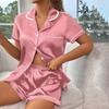 Women's Satin Pajama Set Summer Short Sleeve Buttons Lapel Top & Shorts Pajamas 2 Piece Comfortable Relaxed Fit Home Clothes