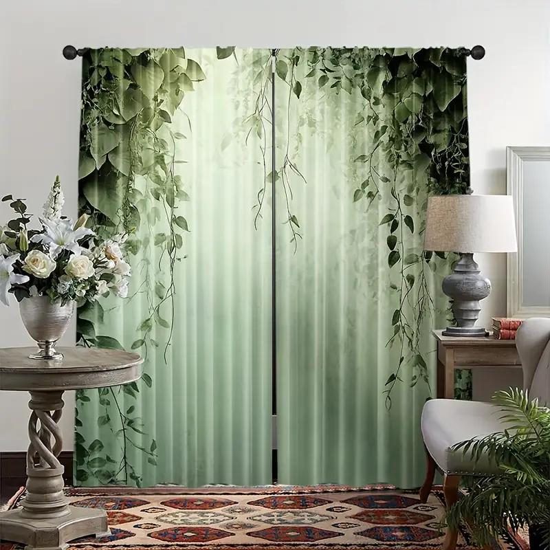 2pcs Lush Green Vine Printed Curtains, Designed for Light Filtering, Quality Material, Ideal for Nature-Inspired Home Window Dec