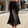 Midi Skirt High Waist Solid Color Sequin Decoration Skirt Double Layer Mesh Yarn Slimming Leg Shape Skirt Clubwear