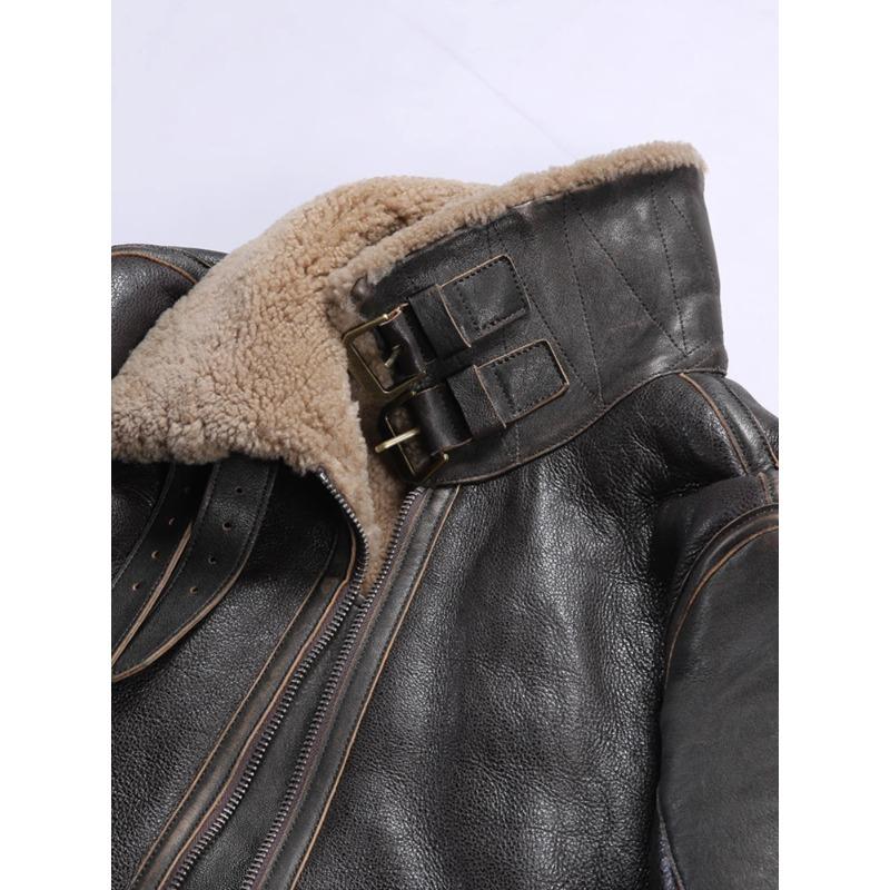 Vintage RLB3 Sheepskin Leather Flight Jacket for Men with Fur Lining and Distressed Horsehide Pockets