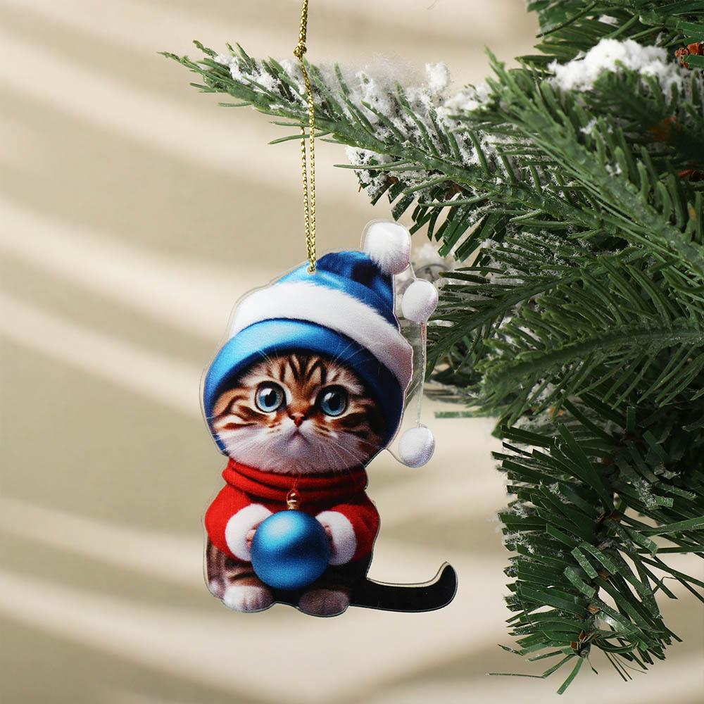 2D Christmas Cat Ornaments Decorative Acrylic Cartoon Cat Car Pendant Cartoon Hanging Christmas Tree Hanging Pendant Festival