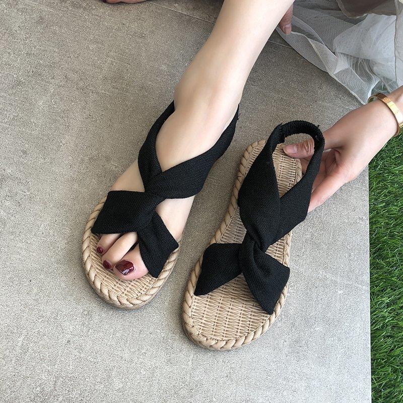 2025 летние новые пляжные сандалии женская верхняя одежда соломенные льняные римские сандалии эластичные крестообразные плоские женские туфли