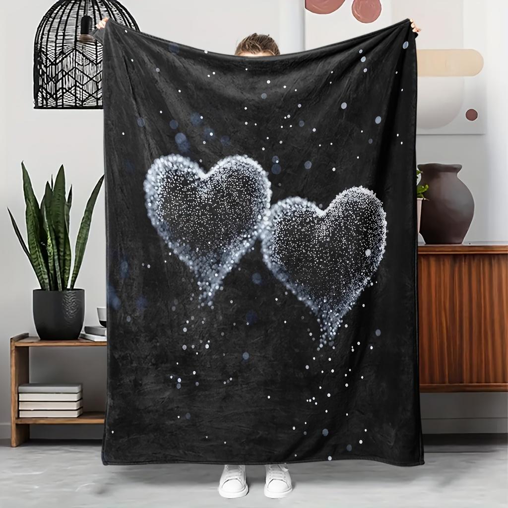 Cozy Black Double Heart Print Flannel Throw Blanket - Soft, Breathable Polyester, Contemporary Style with Sparkling Hearts & Sta