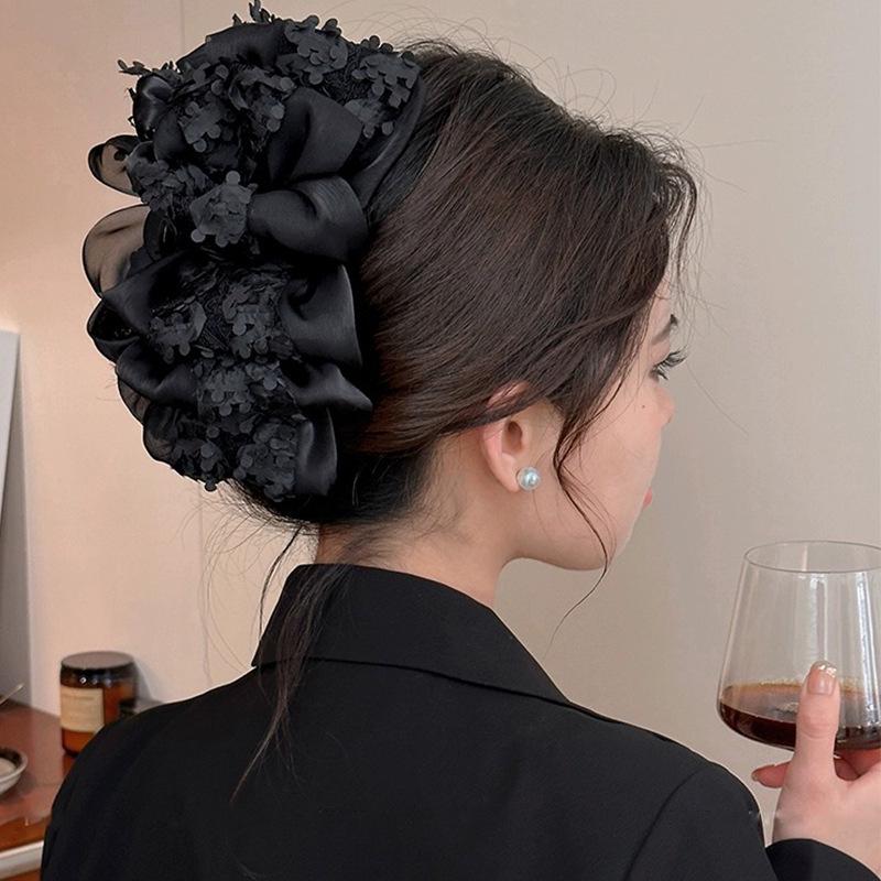 Large Summer Lace Edge Bow Claw Clip Hair Accessory for Women - Multi-Layer Feather Design