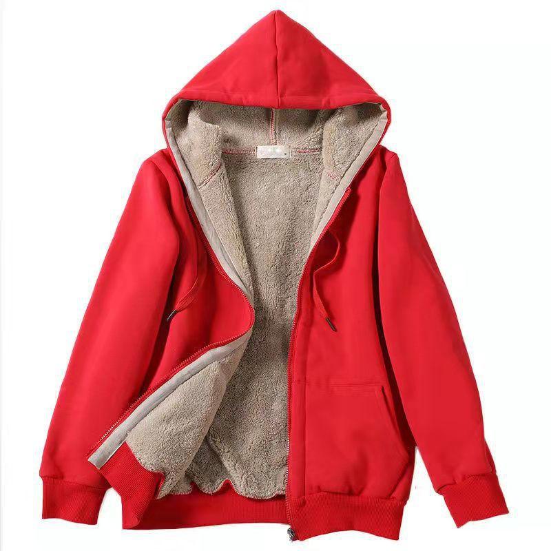 Women's Fall and Winter Solid Color Hooded Long Sleeve Sweatshirt Cozy Casual Plush Jacket