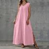 Женское летнее повседневное макси-платье без рукавов с V-образным вырезом, свободного кроя, длинное, из легкой ткани под лен, с разрезом сбоку