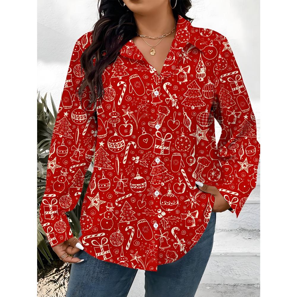 New Plus Size Women's Long Sleeve Printed Shirt, Stylish Casual Button-Down Lapel Shirt