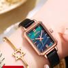 Fashion Vintage Green Watch Women's Watches Wholesale Square Quartz Student Watch Champagne Gold Dial and Brown Leather Strap Watch