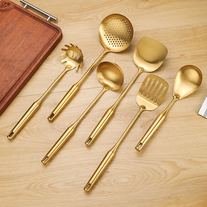 1Pc Golden Stainless Steel Long Handle Cooking Utensils Rice Spoon Soup Ladle Pancake Spatula Colander Gadgets for Kitchen