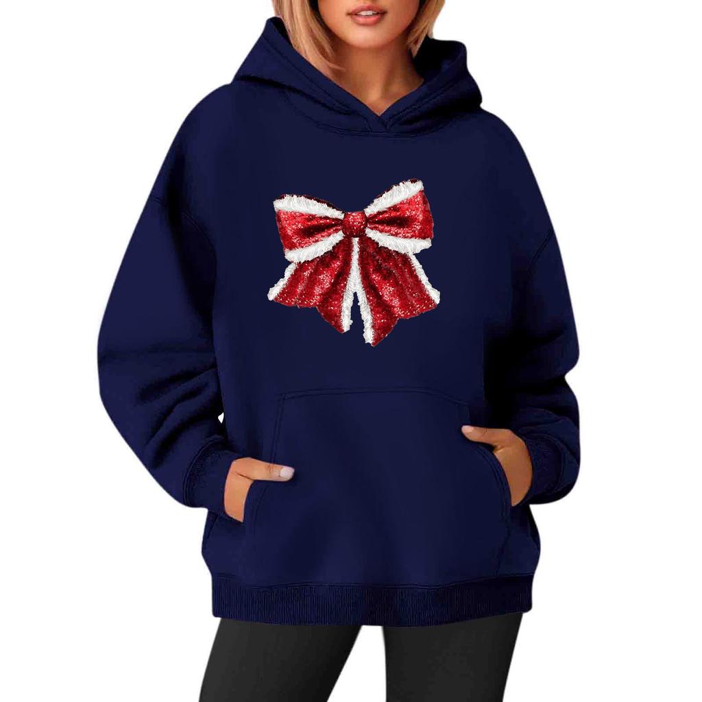 Women's Sweatshirts O-neck Long Sleeve Christmas Printed Top Solid Color Hoodie