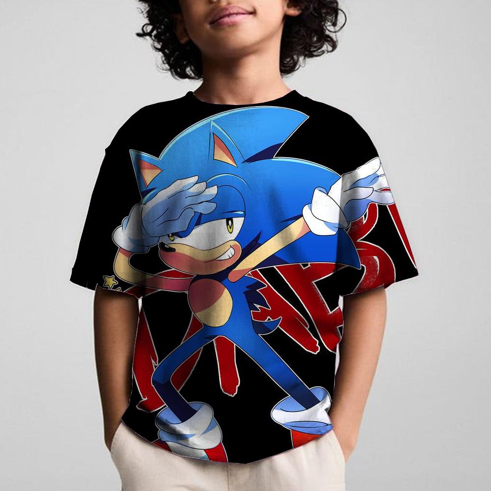 Round Neck 3D Cartoon Sonics Printed Casual Short Sleeved Children's Boy T-shirts - Soft Medium Stretch Polyester Fabric Summer Relaxed Fit Clothing