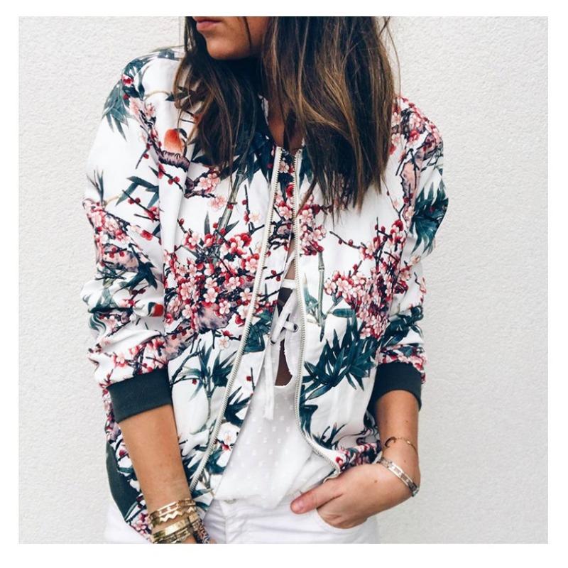 Плюс Размер Женская Осенняя Модная Напечатанная Круглая Горловина Застежка Молния Длинные Рукава Куртка