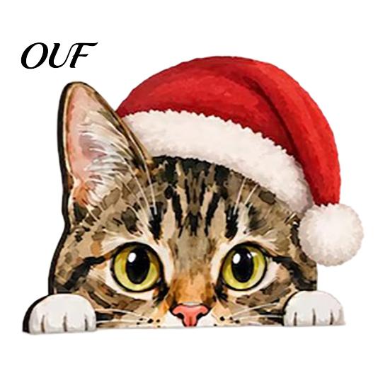 Cute Cat Present Shelf Sitter, Wooden Christmas Hat Peeking Desk Figurine, Funny Animal Scene Accessories Sign, Lover Gift for Holiday Home