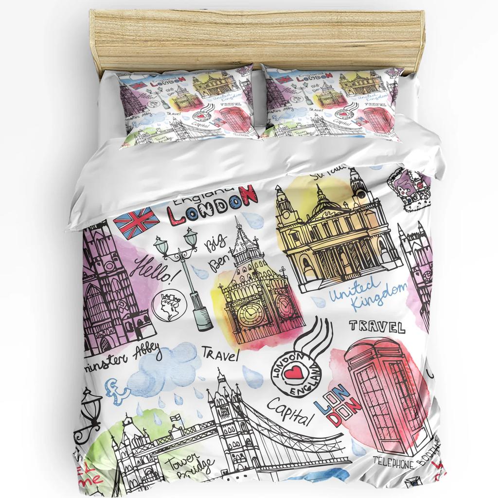 Комплект постельного белья «Лондон» с изображением знаменитой телефонной будки и Биг-Бена, комплект из 3 пододеяльников, постельного белья, пододеяльника, наволочки, чехла