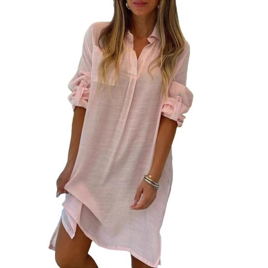 Lady Beach Shirt Dress with Cufflinks Thin Loose Side Slit Midi Dress