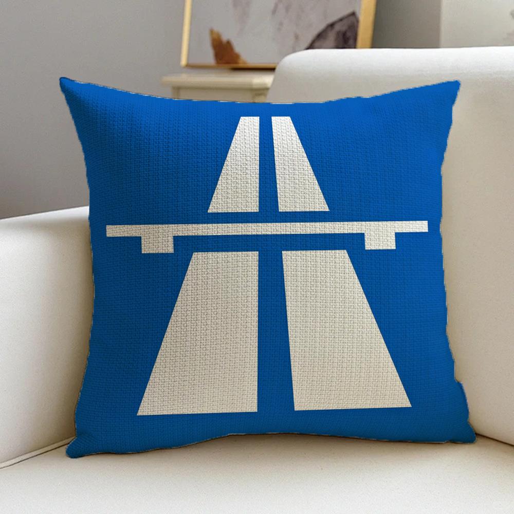 1P- German Autobahn Sign Prints Cushion Cover Natural Linen Pillowcase Set, All-In-One Decor For Sofa, Bedroom & Chair