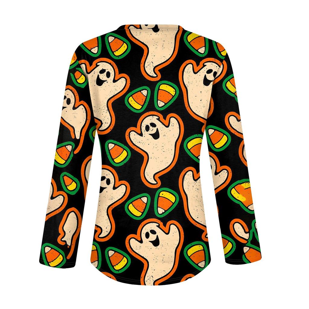 Women's Casual Fashion Sexy Comfort Halloween Printed V-Neck Button Long Sleeve