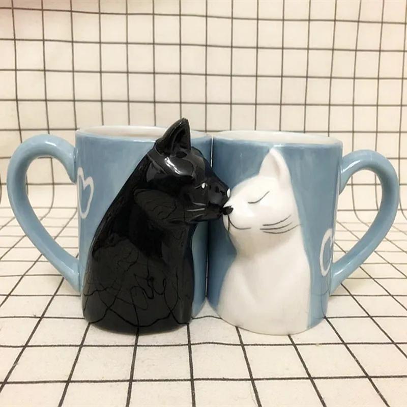 1 шт. Керамические кружки Kiss Cat для пар, супружеские кружки, кружка на годовщину, утренний молочный кофе, чашка чая на завтрак, День святого Валентина,