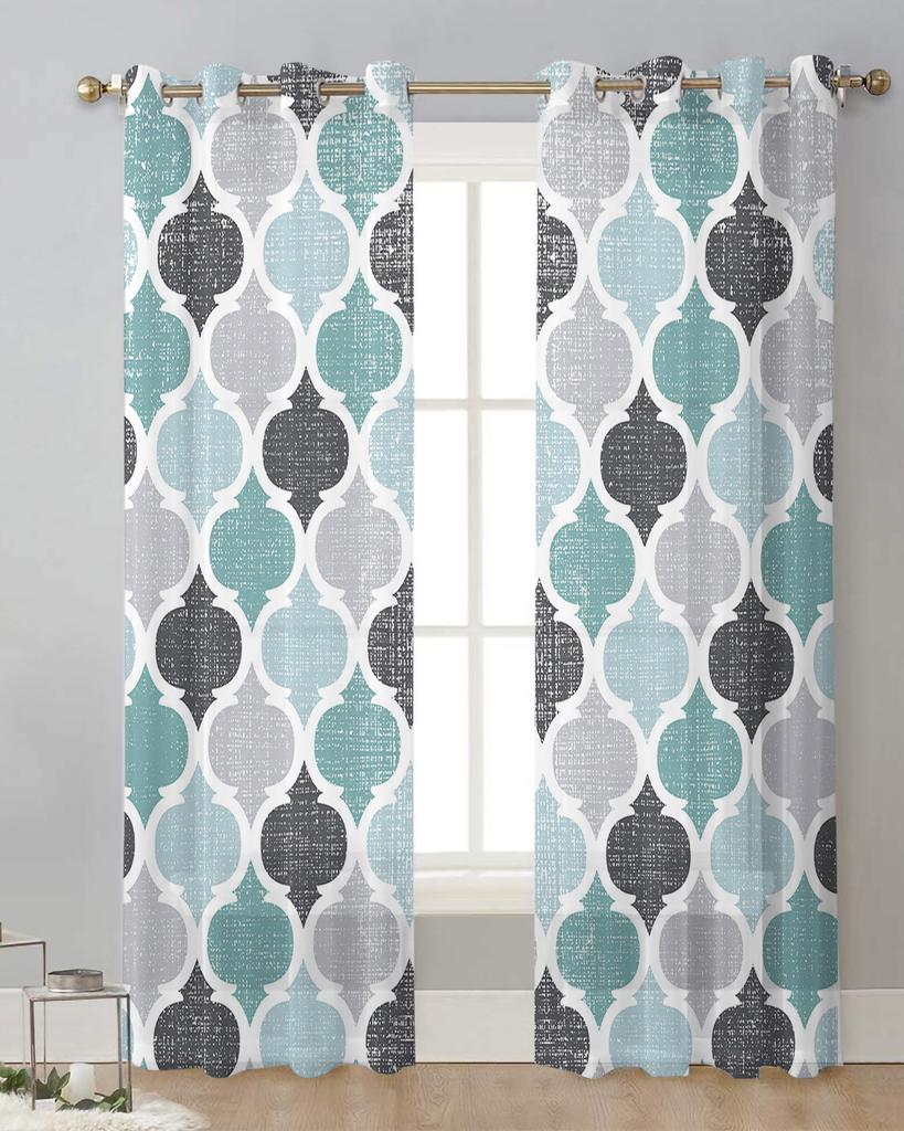 Geometric Cyan Vintage Moroccan Sheer Curtains for Living Room Decoration Window Curtains Kitchen Tulle Voile Organza Curtains