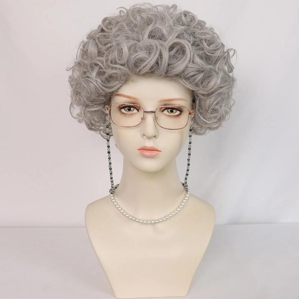 1 очки + 1 ожерелье + короткий серый вьющийся костюм старушки и бабушки, парик для косплея на Хэллоуин, Рождество, школа, День благодарения