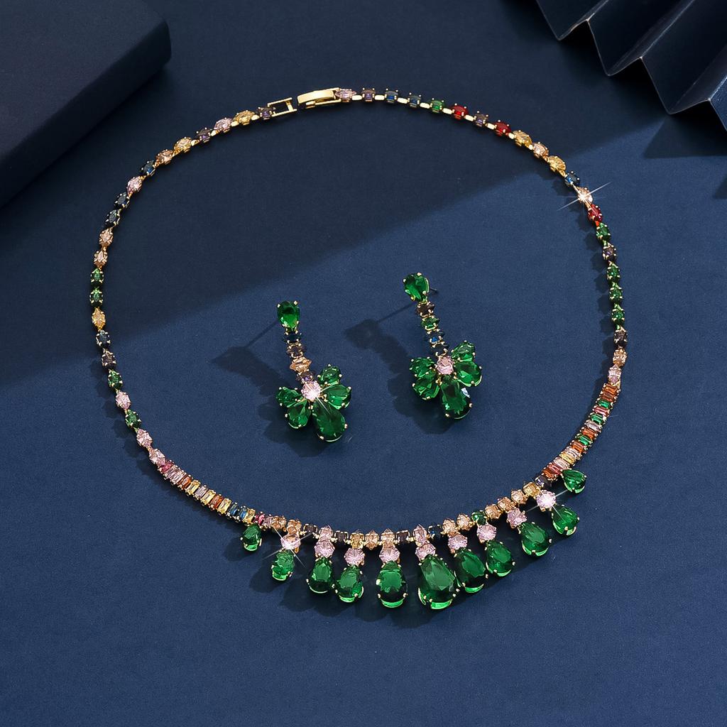 3 предмета Женский модный цирконовый зеленый кулон-капля воды, серьги и цирконовый набор, Подходит для свадьбы, вечеринки и фестивальных подарков