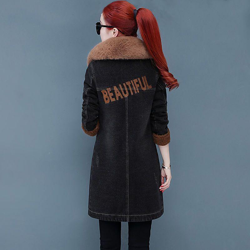 Джинсовая куртка из флиса утолщенная женская осенне-зимняя корейская версия облегающая средняя и длинная джинсовая одежда новая одежда с хлопковой подкладкой