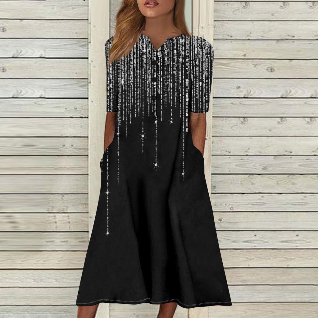 Women's Summer Casual Printed V-Neck Short-Sleeve Swing Dress