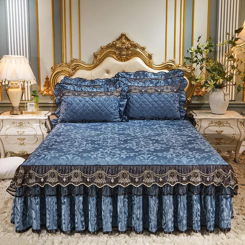 Осенне-зимние бархатные кружевные юбки-кровати из плотного хлопка с зажимом в европейском стиле, покрывало, матрас, противоскользящий защитный чехол, постельные принадлежности