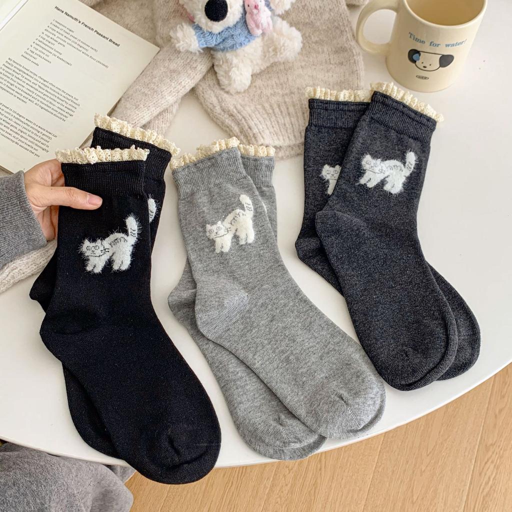 Socks Female Flocking Cartoon Kitten Contrast Color Lace Medium Tube Stacking Socks Female